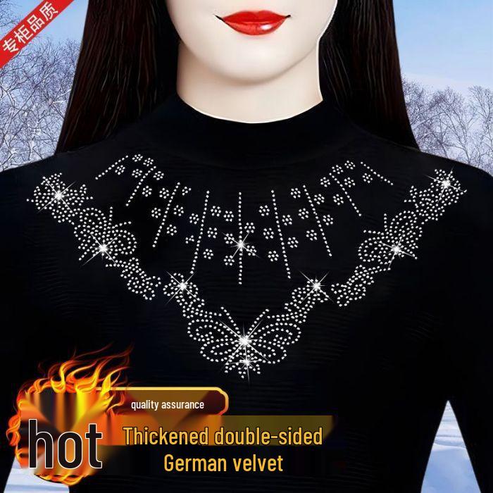 

2024 Осень/Зима Женский Премиальный Топ Базового Слоя Облегающего Кроя Однотонный с Горячей Стразой 4XL