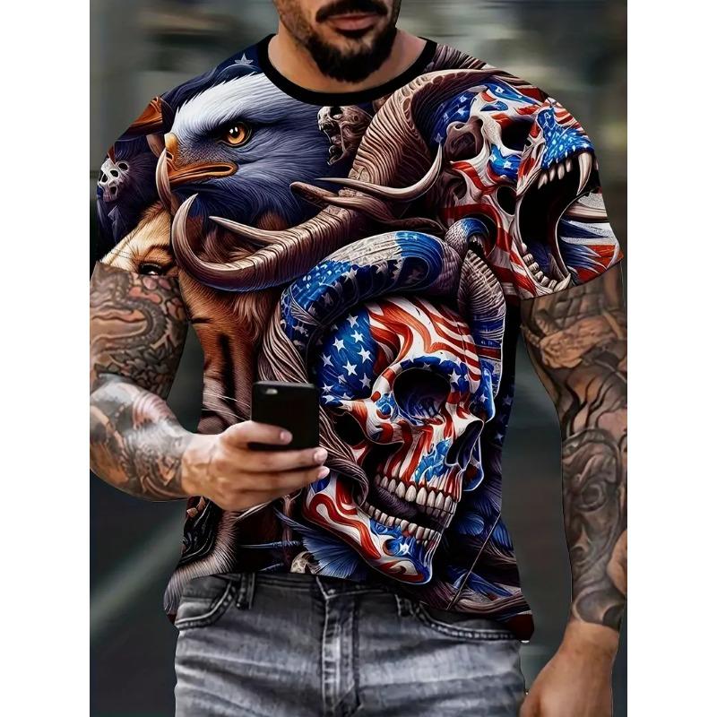 Summer Outdoor Men's T-shirt Casual Round Neck Short Sleeve Skull Pattern Printed T-shirt Fashion Male Oversized Clothing
