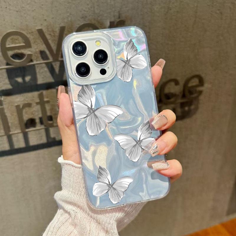 Carcasă de telefon subțire cu imprimeu de fluturi în culori solide, cu margini moi, pentru iPhone 16 Pro 15 Pro Max 14 13 12 11, cu sclipici, cu pene, rezistentă la șocuri, din PC rigid