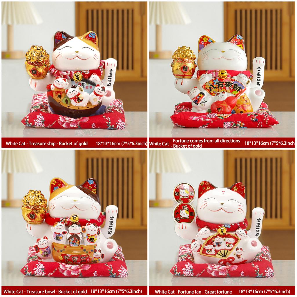 7 Inch Fortune Cat with Waving Arm Ceramic Maneki Neko Feng Shui Ornament Lucky Cat for Shops, Restaurant, Home Table Decoration
