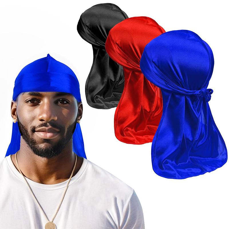 3PCS/LOT Long Durag Silk Satin Bandanas Cap Turban Hat Wigs Biker Headwrap Chemo Cap Pirate Hat Men Women Hair Accessories