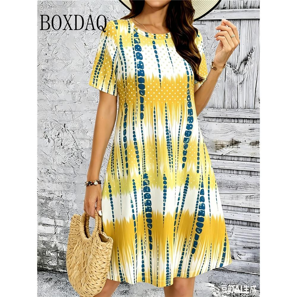 Tie Dye Gradient Striped Printing Dresses For Women Summer Fashion Plus Size Dress Casual Short Sleeve Loose Dress 6XL Clothing