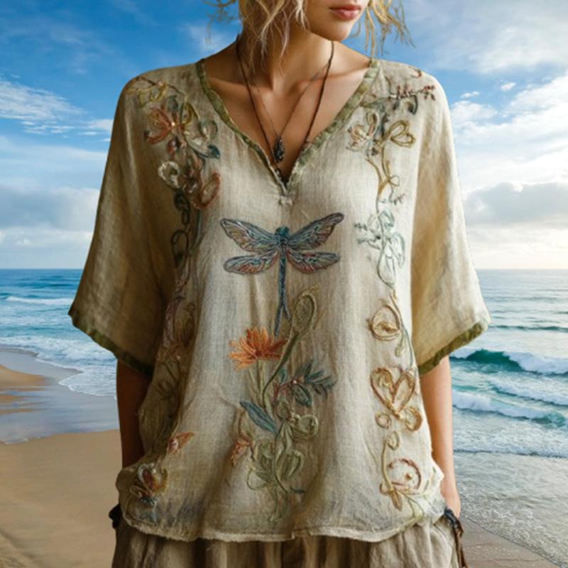 Retro V-neck Linen Dragonfly Short Sleeve Top