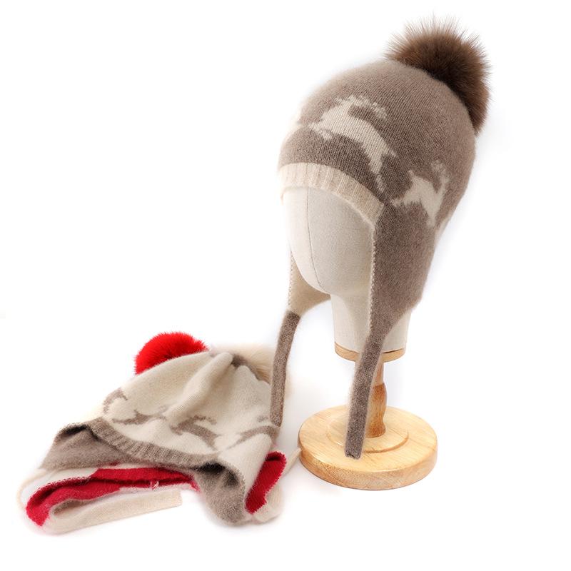 Children's Deer Jacquard Cashmere Hat with Pom-pom and Drawstring