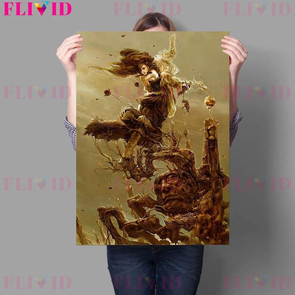 Gothic Dark Terror Girl and Terrifying Devil Retro Mural Oil Painting Decoration Crow House Wizard Poster