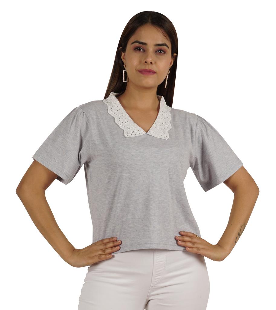 Moomaya Dámský top s krajkovým límečkem Petra Pana, hladký žerzejový krátký ležérní T-shirt