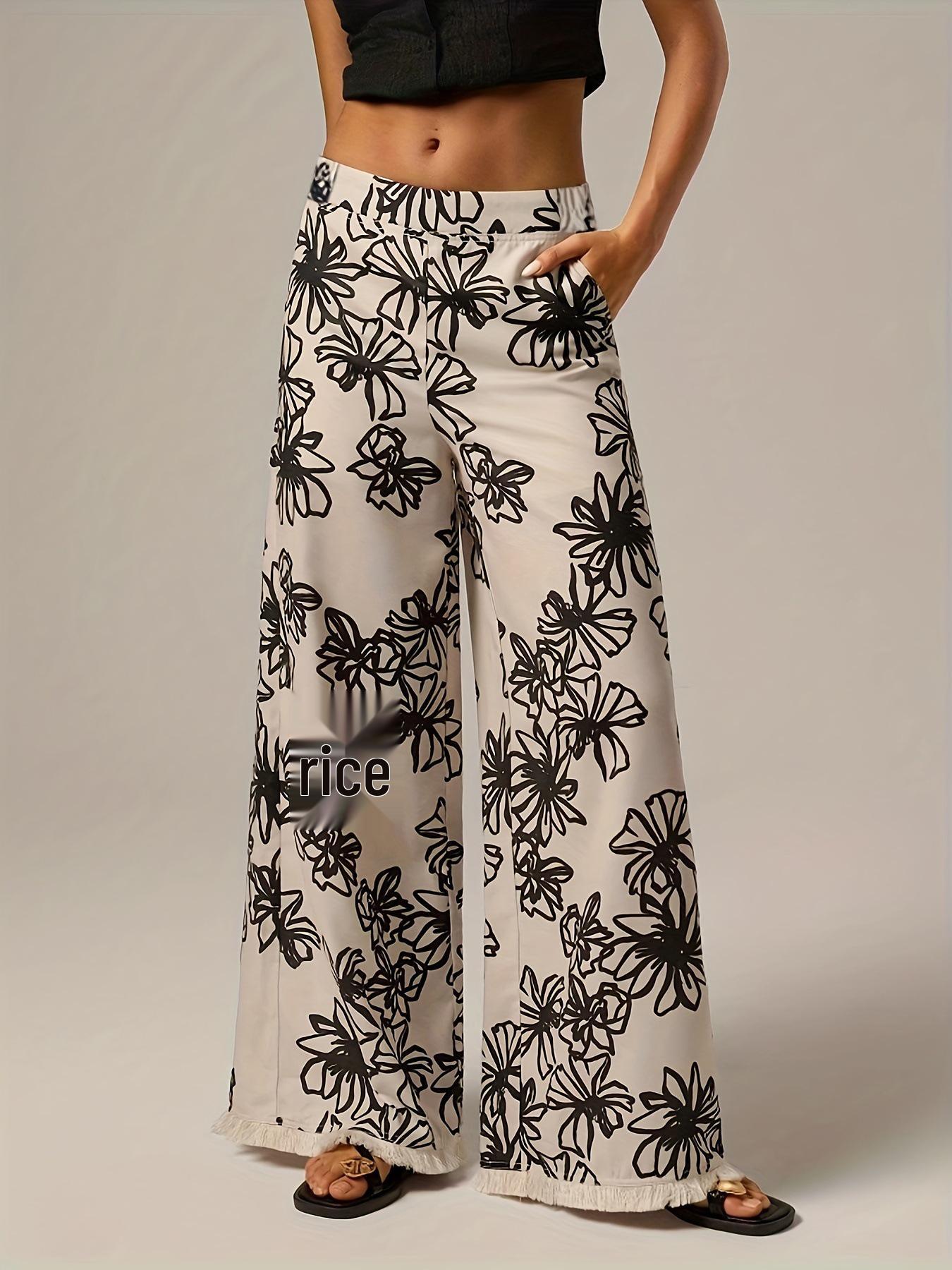 

In Stock 2026 Women s Floral Print Tassel Hem Wide-Leg Pants - Spring/Summer Collection XXL чёрный