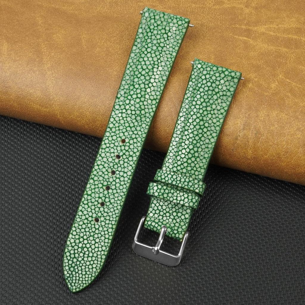 Vinacreations 18mm Green Stingray Leather Watch Galuchat Leather Replacement Watch Band for Handmade with Wrist Green Strap, Men, Buckle, (DH-68-18MM)