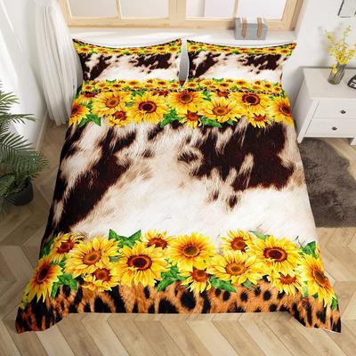 Cowhide Sunflower Duvet Cover Set Microfiber Cow Fur Bedding Set Western Farm Animal Skin Cowboy Comforter Cover Twin King Size