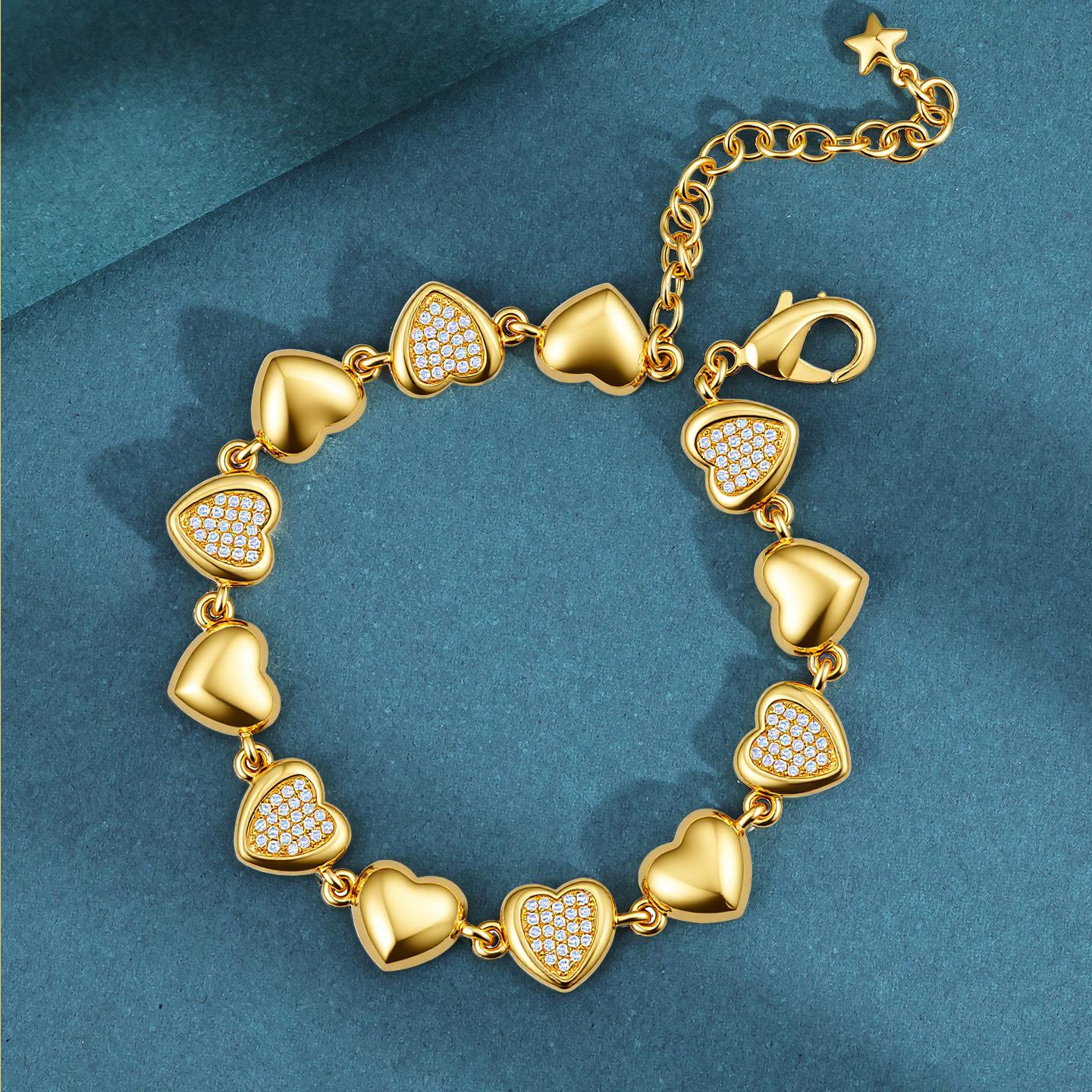 2026 Fashion Glossy Love Full Diamond Gold Love Geometric Bracelet Adjustable 18CM