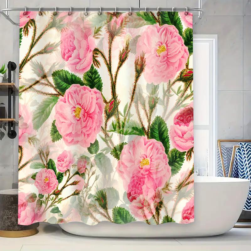 

Pink Floral Shower Curtain Waterproof Bathroom Decor With Green Leaves Pink Bath Rug Set For Home Decoration (40 X 72) W60H190(CM)-1 Pcs