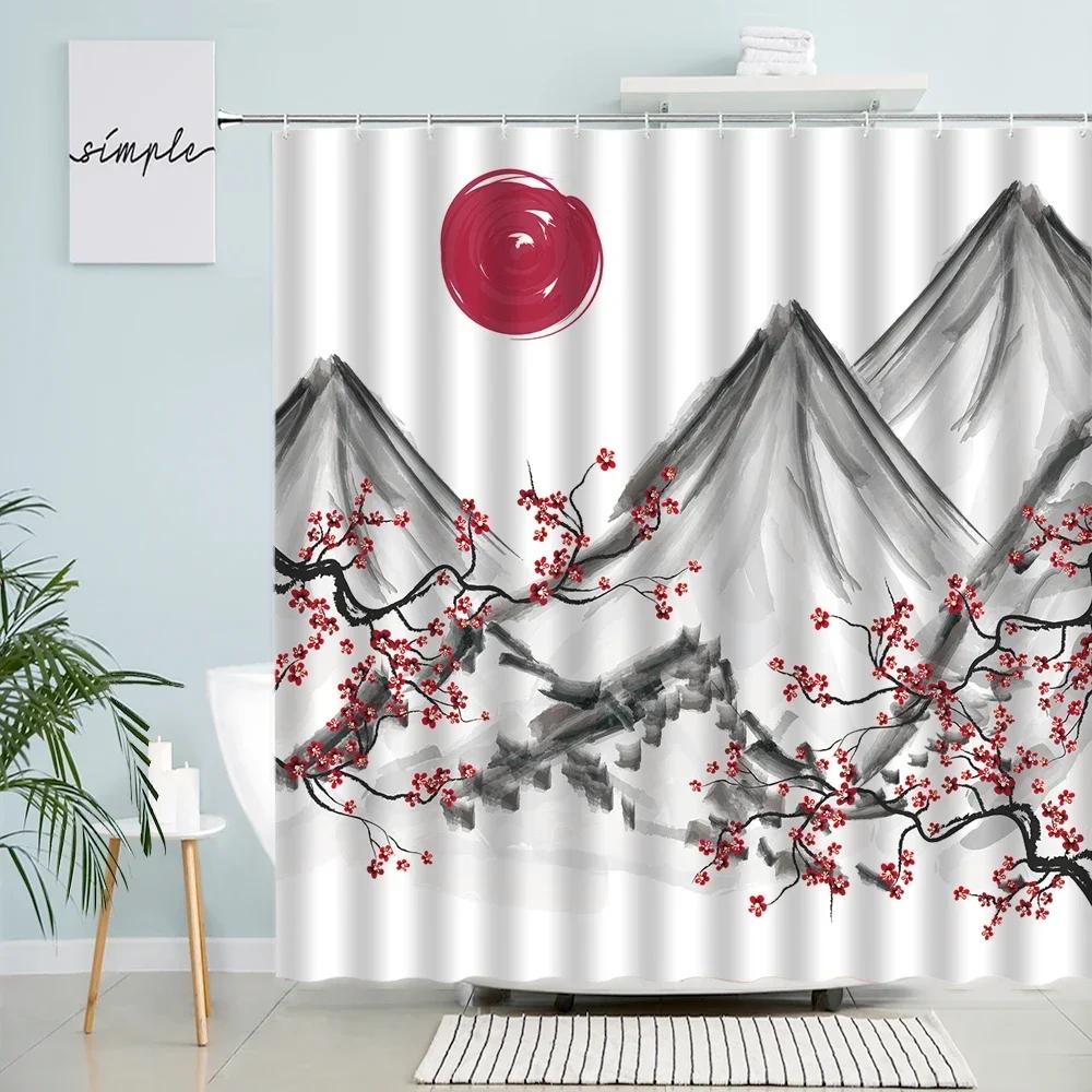 Chinese Ink Landscape Shower Curtain Japanese Cherry Blossom Watercolor Mountain Natural Scenery Waterproof Cloth Bathroom Decor