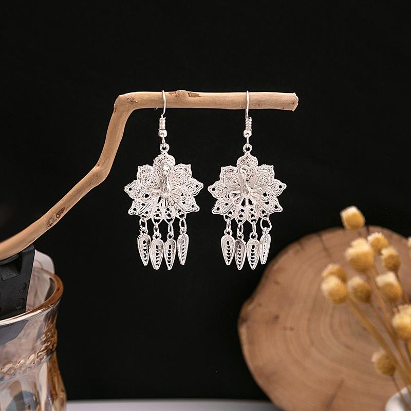 Ethnic Miao Silver Style Long Tassel Earrings with Ancient Scenic Stud Design for Women