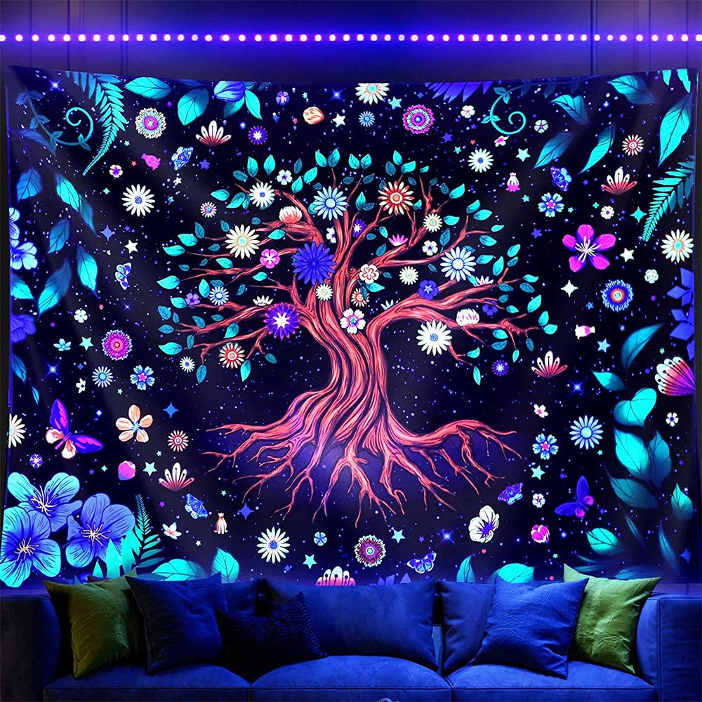 Fluorescent Tapestry UV Night Light Skeleton Lover Tree of Life Fluorescent Tapestry Home Room Hanging Cloth Tapestry
