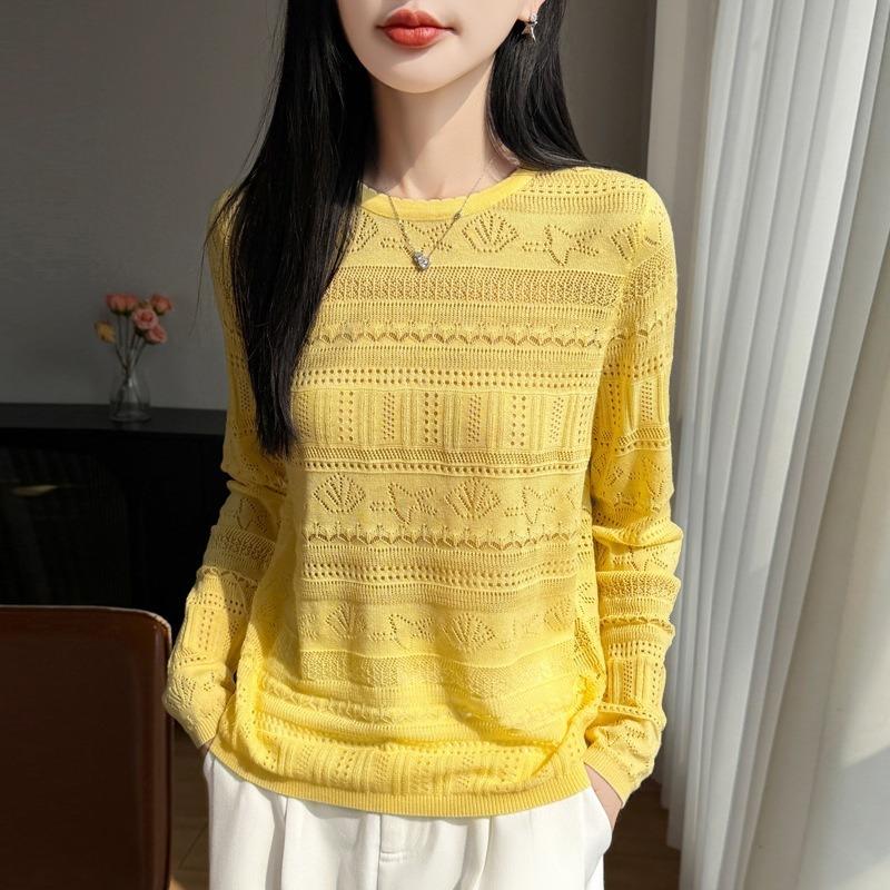 Women S Loose Long Sleeve Round Neck Cutout Knit Sweater Base Layer