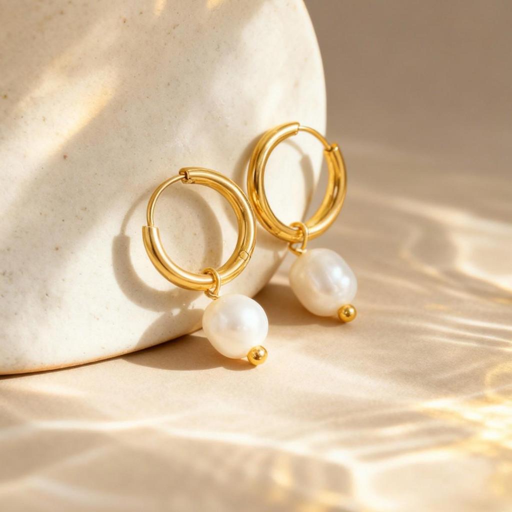 18K Gold-Plated Stainless Steel Earrings with Freshwater Pearl: European & American Style, Fashionably Luxe, Colorfast.