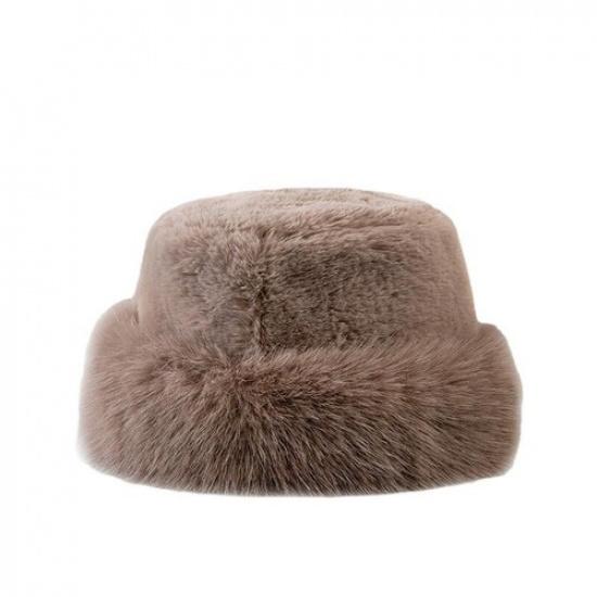 Women Faux Fur Hat Warm Lined Russian Style Fluffy Bucket Cap Outdoor Winter