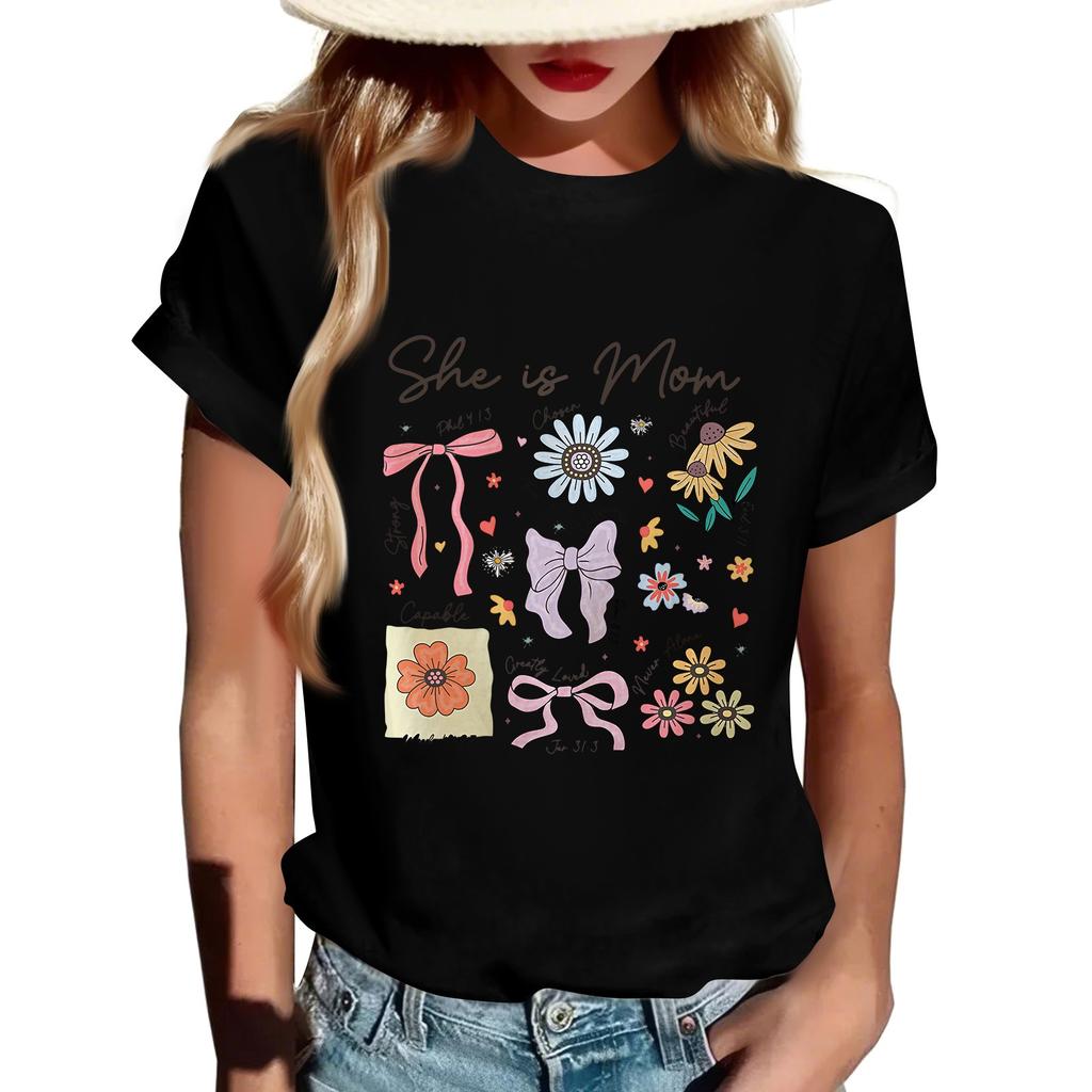 Women Casual Daily Round Neck Printed Short Sleeved T-shirt Letter Top