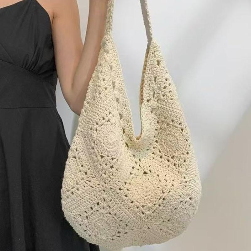 Shoulder Cotton Thread Straw Bag Women's Handwoven Bag Large Capacity Portable Tote Bag Vacation Beach Bag