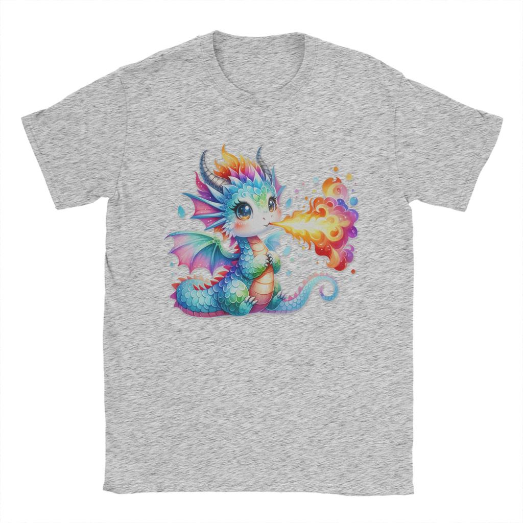 Drachen-T-Shirt mit niedlichem Regenbogen-Drachen, der Feuer speit – Herren, reine Baumwolle, Rundhalsausschnitt, Kurzarm, Sommerkleidung