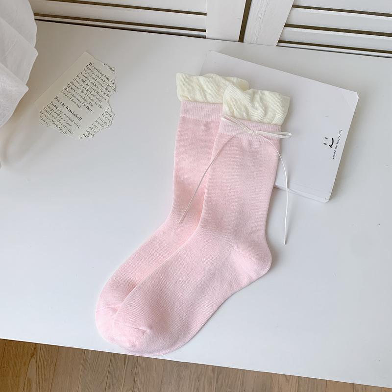 

5pair Bubble Mouth Socks Women S Ribbon Bow Medium Tube Socks Contrasting Color Double Luo Mouth Lace College Wind Stacking Socks Women One size fits all розовый