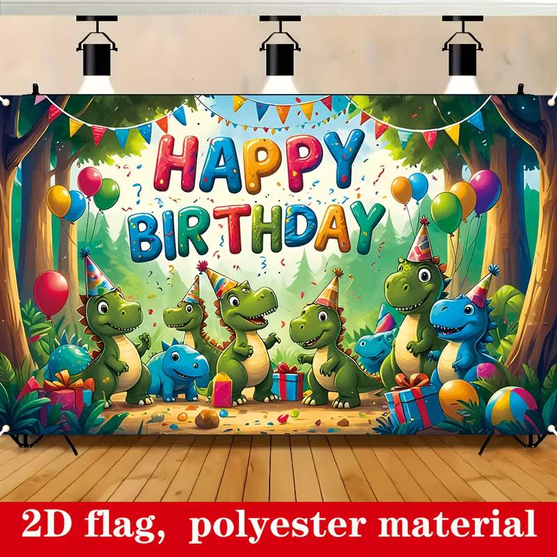 2D Dinosaur Happy Birthday Backdrop with Cartoon Dinosaurs, Gifts & Balloons
