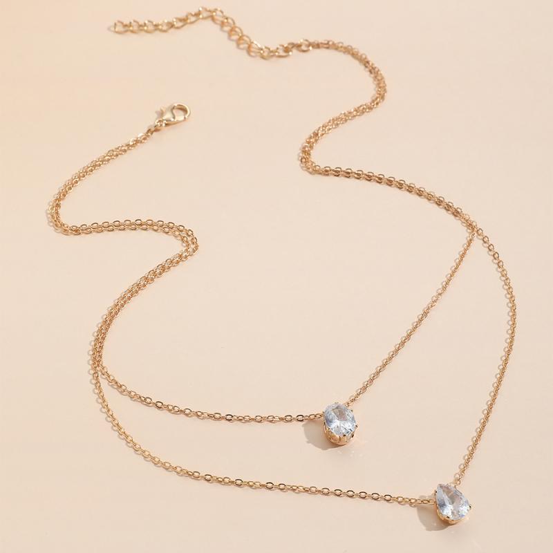 Elegant Waterdrop Rhinestone Pendant Necklaces for Women Ladies Luxury Double-Layer Stacking Fine Chain Necklaces Jewelry Gifts