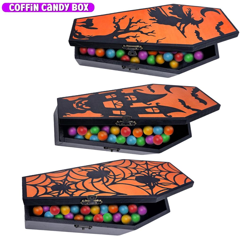 Halloween Wooden Coffin Candy Box - Spooky Trick or Treat Jar