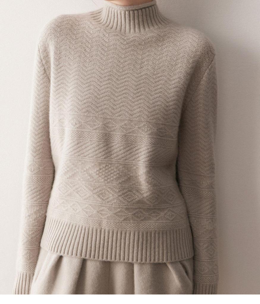 Women's Wave Jacquard Thickened Cashmere Sweater, Solid Color Half-High Neck Knit Top for Autumn/Winter