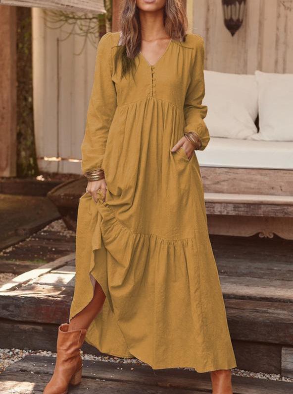 2026 Spring and Autumn European and American Foreign Trade Women's Clothing Buttons Cotton and Linen Retro Casual Long-sleeved Dress Big Pendulum Long