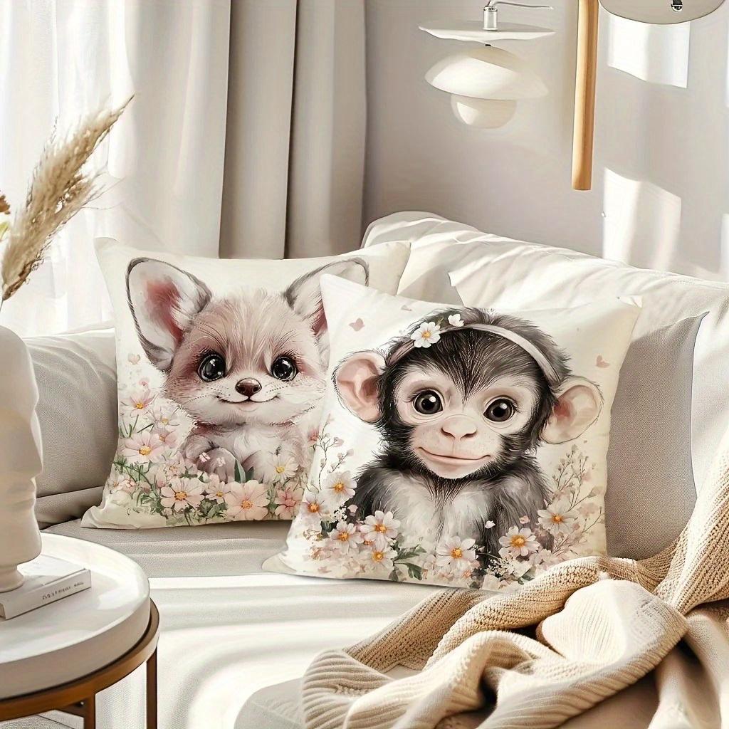 Cute Baby Farm Animal Throw Pillow Covers, Adorable Cow Rabbit Fox Monkey With Daisy Print Cushion Cases, Nursery Home Decor