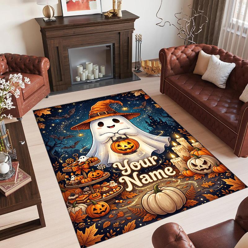 Halloween Theme Crystal Velvet Floor Rug Personalized Custom Name Text Warm Carpet Home Decoration
