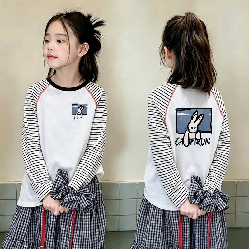 Girls' Trendy Color Block Striped Long Sleeve Cotton T-Shirt for Spring and Autumn