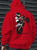 Wheelie‑ride Men Hoodie Front Plain Chest, Back Cartoon Stunt Rider Motorcycle Graphic Pullover for Trendy Daily Street Outfits