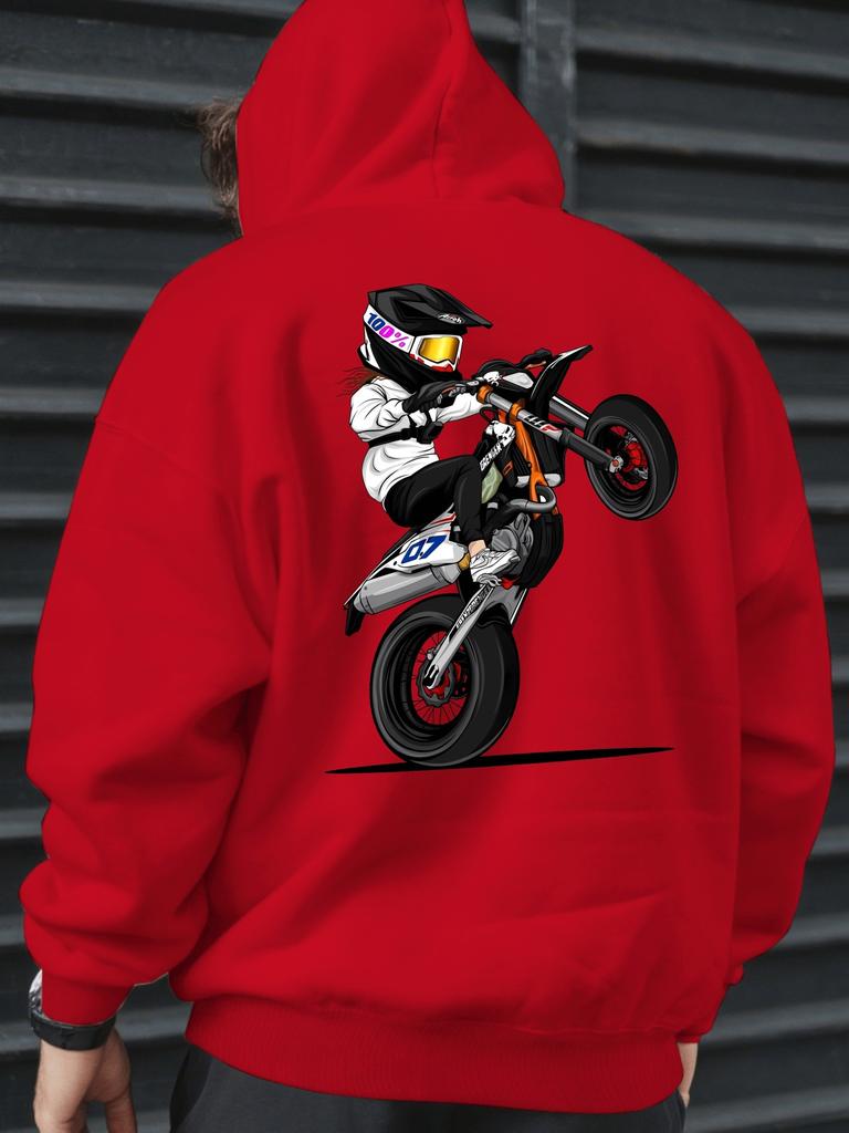 Wheelie‑ride Men Hoodie Front Plain Chest, Back Cartoon Stunt Rider Motorcycle Graphic Pullover for Trendy Daily Street Outfits