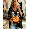 Halloween Printed T-shirt, Pumpkin Lantern Ghost T-shirt, Plus Size Women's V-neck Bat Sleeve Seven Quarter Sleeve Casual Top