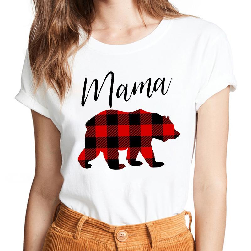 Lattice Mama Bear Letter Print T Shirt Women White Shirts Fashion O-Neck Short Sleeve T-Shirt Summer Tee Casual Top Female Tee
