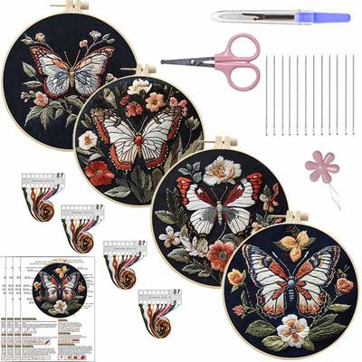 1 kit de matériel de broderie DIY coloré à motifs floraux et papillons, comprenant les outils et des tutoriels de points, adapté aux débutants, kit de matériel en tissu