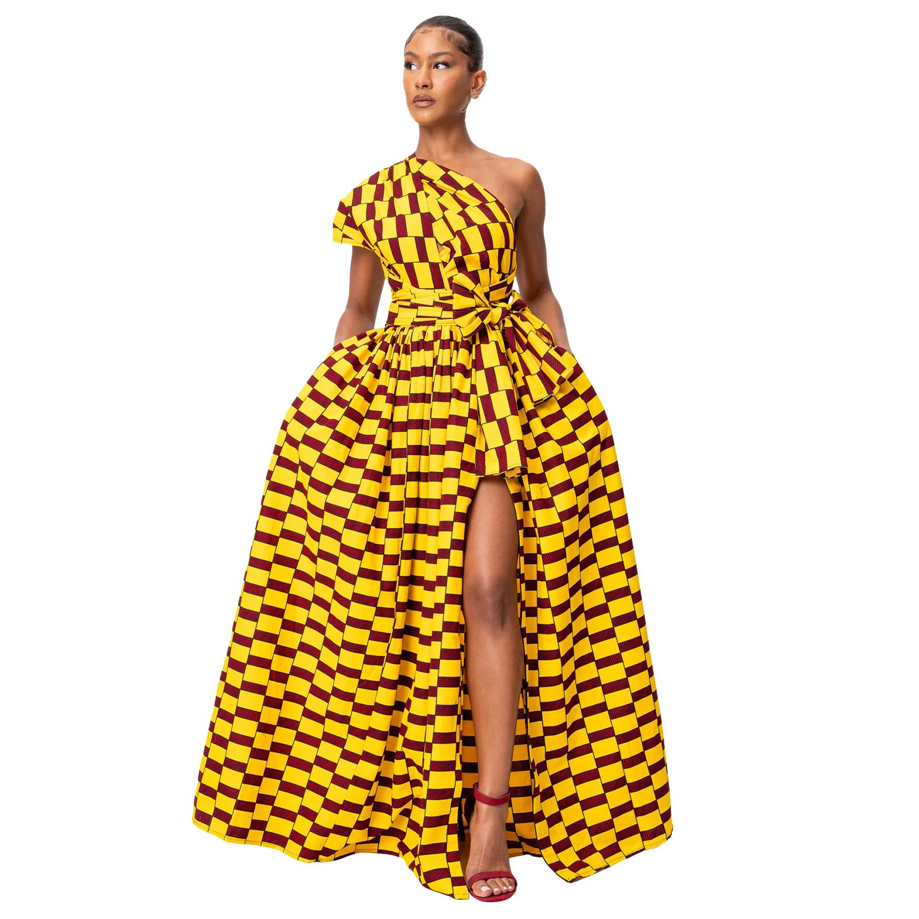 Maxikleid mit hohem Schlitz im afrikanischen Print für Damen - Mode Party Abendkleid S gelb