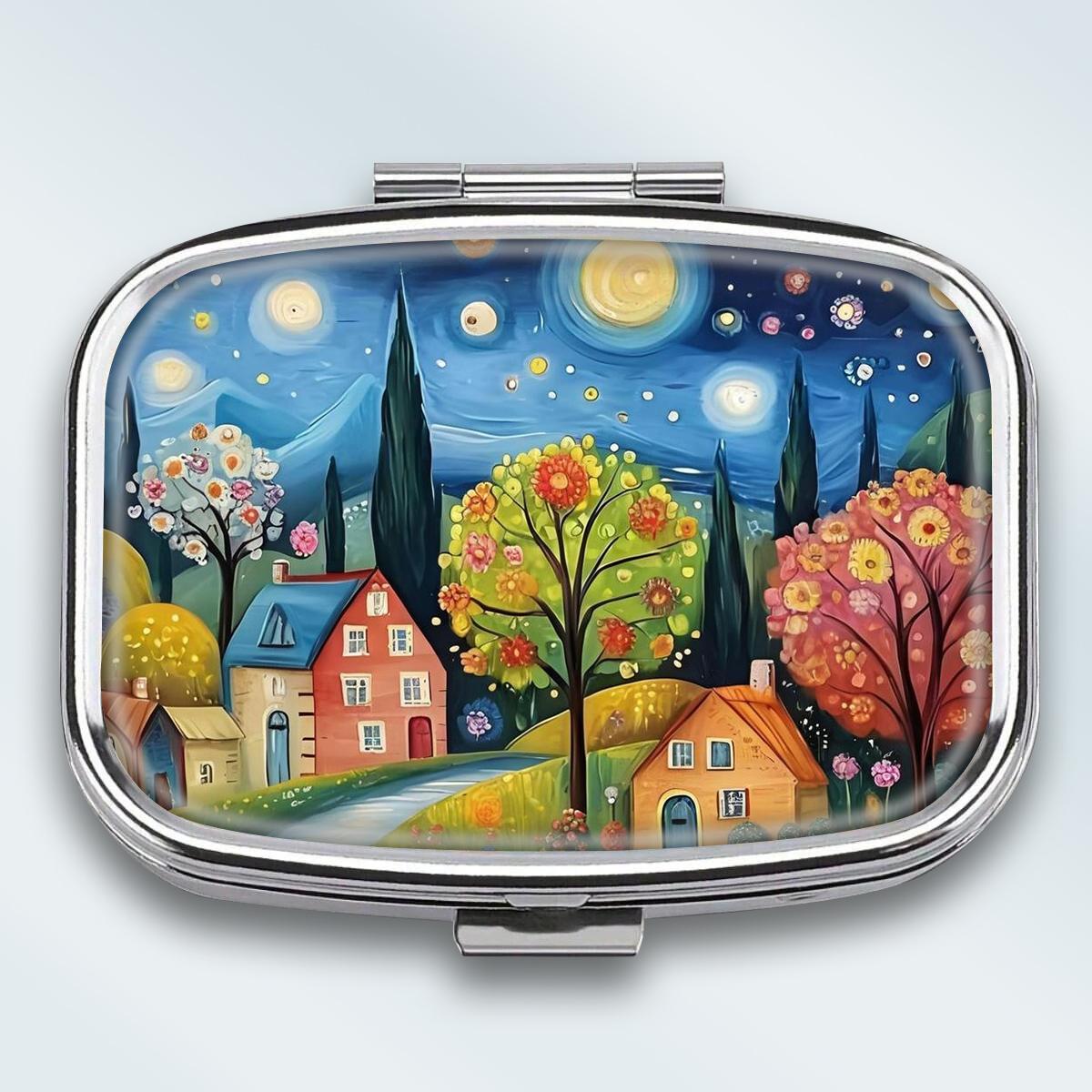 

Portable Pill Box with 2 Compartments, Mini Metal Medicine Organizer Case, Cute Printed Pill Container for Vitamins, Pills, Jewelry, Travel, Daily Use різнокольоровий