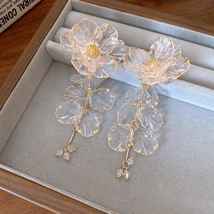 Silver Needle Diamond Acrylic Flower Fringed Earrings Light Luxury Premium Earrings Femininity Earrings Design Niche