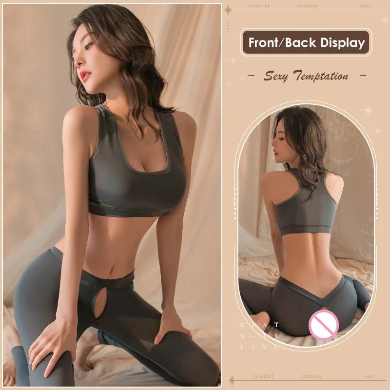 Sexy Top Open Crotch Trousers Set Erotic Lingerie Women Solid Yoga Pants Uniform Temptation Sex Porn Outfits Sleepwear Pajamas