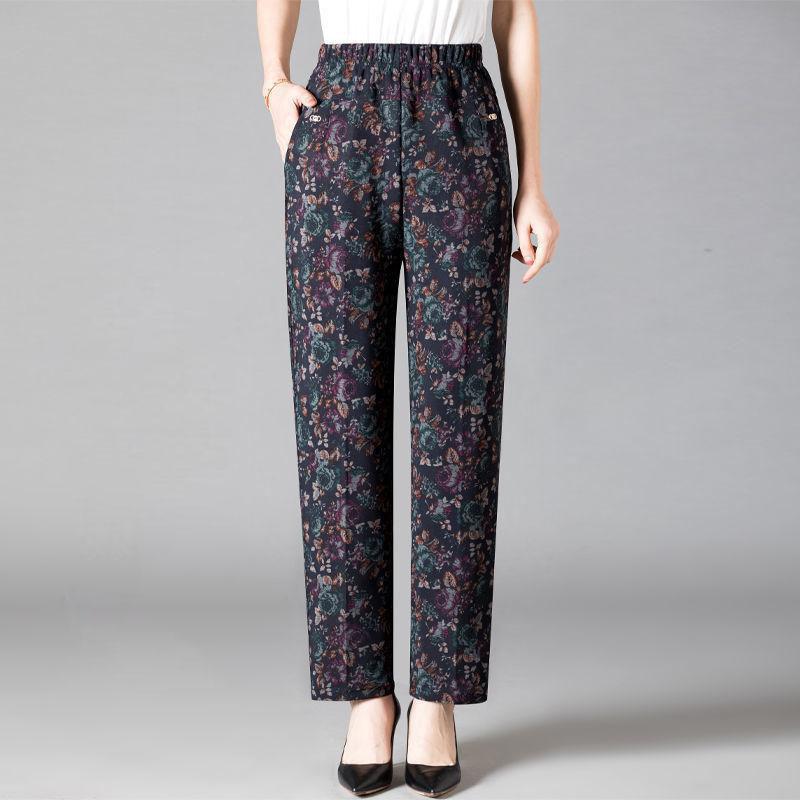 

8XL 9XL женские брюки среднего возраста с принтом эластичные повседневные брюки с высокой талией прямые брюки оверсайз бабушка 9XL