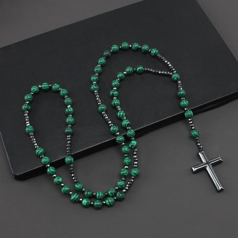 Natural Stone Africa Turquoise And Tiger-Eye Beads Cross Pendant Necklace Rosary For Men And Women