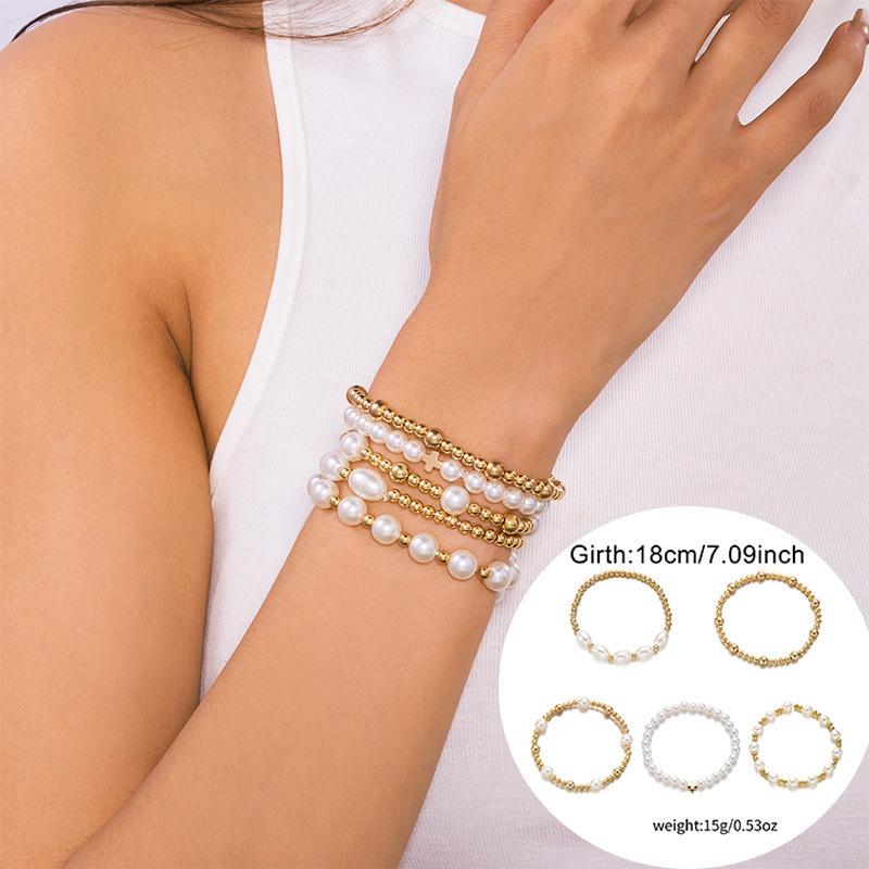 Imitation pearl bracelet women's temperament high-end pearl cross pendant beaded combination stacked bracelet