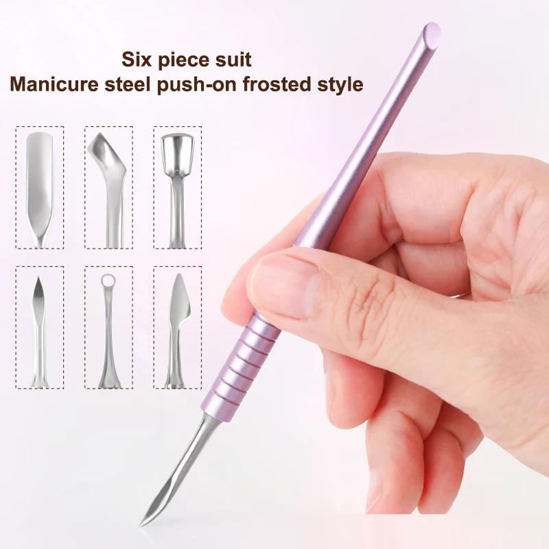 6 In 1 Nail Beveled Head Stainless Steel Cuticle Pusher Nail Art Sanding Tablet Manicure Sticks Tool For Salon Nails Accessories