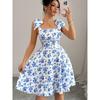 Small Sweet Fashion Floral Print off-Neck Open Back Elastic Waistband Lace-up Sleeveless A- line Sling Dress Skirt