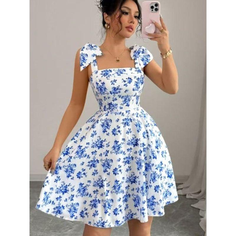 Small Sweet Fashion Floral Print off-Neck Open Back Elastic Waistband Lace-up Sleeveless A- line Sling Dress Skirt
