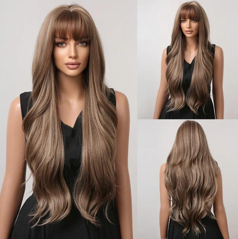 

LOUIS FERRE Длинный винно-красный синтетический парик Натуральная волна Женский парик с челкой Косплей Вечерние рыжие волосы Парик из термостойкого волокна