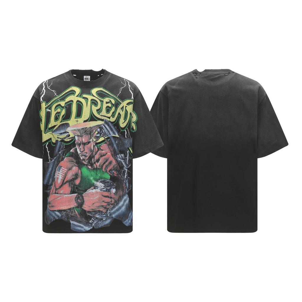 2025 Amerikanische trendige Marke Vall gewaschen alt bedrucktes kurzärmeliges Hip-Hop lockeres Streetwear-T-Shirt für Männer und Frauen
